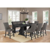 7pc Counter Height Extendable Dining Set 5 Chairs 1 Bench in Dark Grey Table wCenter 18 Leaf