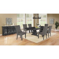 8 Piece Dining set with Dark Gray Solid wood Table Gray Linen Fabric Side Chairs and Server