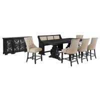 8 piece counter height set with 5 beige side chairs matching bench and server