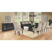 8 Piece Dining set with Dark Gray Solid wood Table 5 Beige Linen Fabric Side Chairs Bench and Server