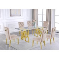 Gold Tempered Glass 7 Piece Dining Set Ring Chairs in Cream Velvet