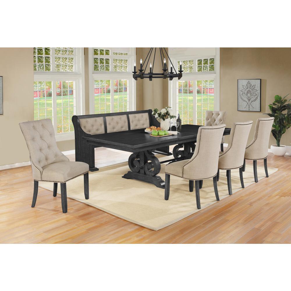 7 Piece Dining set with Dark Gray Solid wood Table 5 Beige Linen Fabric Side Chairs and One Matching Bench