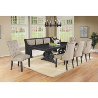 7 Piece Dining set with Dark Gray Solid wood Table 5 Beige Linen Fabric Side Chairs and One Matching Bench