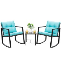 Devoko 3 Piece Rocking Bistro Set Wicker Patio Outdoor Furniture Porch Chairs Conversation Sets With Glass Coffee Table (Blue)