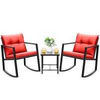 Devoko 3 Piece Rocking Bistro Set Wicker Patio Outdoor Furniture Porch Chairs Conversation Sets With Glass Coffee Table (Red)