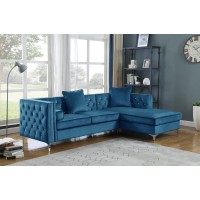 Teal Blue Velvet LShaped Tufted Faux Crystal Sofa Chaise