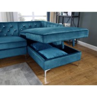 Teal Blue Velvet LShaped Tufted Faux Crystal Sofa Chaise