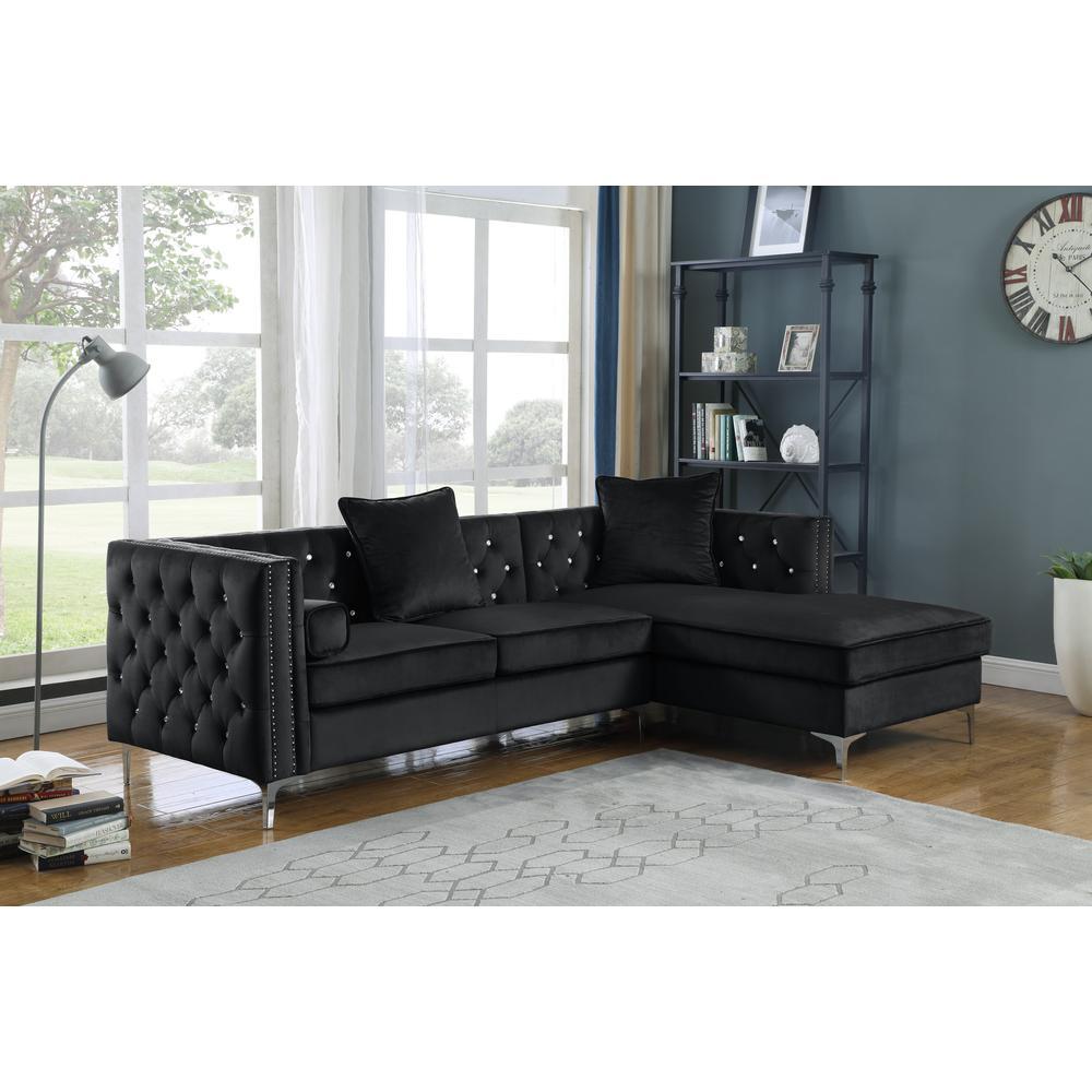 Black Velvet LShaped Tufted Faux Crystal Sofa Chaise