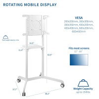 Vivo Mobile Premium Tv Cart For 32 To 88 Inch Screens Up To 154 Lbs, Samsung Digital Flipchart, Microsoft Surface Hub 2S, Portrait To Landscape, Shelf, Wheels, Max Vesa 600X400, White, Stand-Tv02Pw