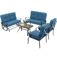 Oakcloud 5-Piece Outdoor Metal Furniture Sets Patio Conversation Set Wrought Iron Glider, 2 Single Chairs, Loveseat And Coffee Table, Peacock Blue