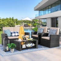 Shintenchi 4-Piece Outdoor Patio Furniture Set, Wicker Rattan Sectional Sofa Couch With Glass Coffee Table Black
