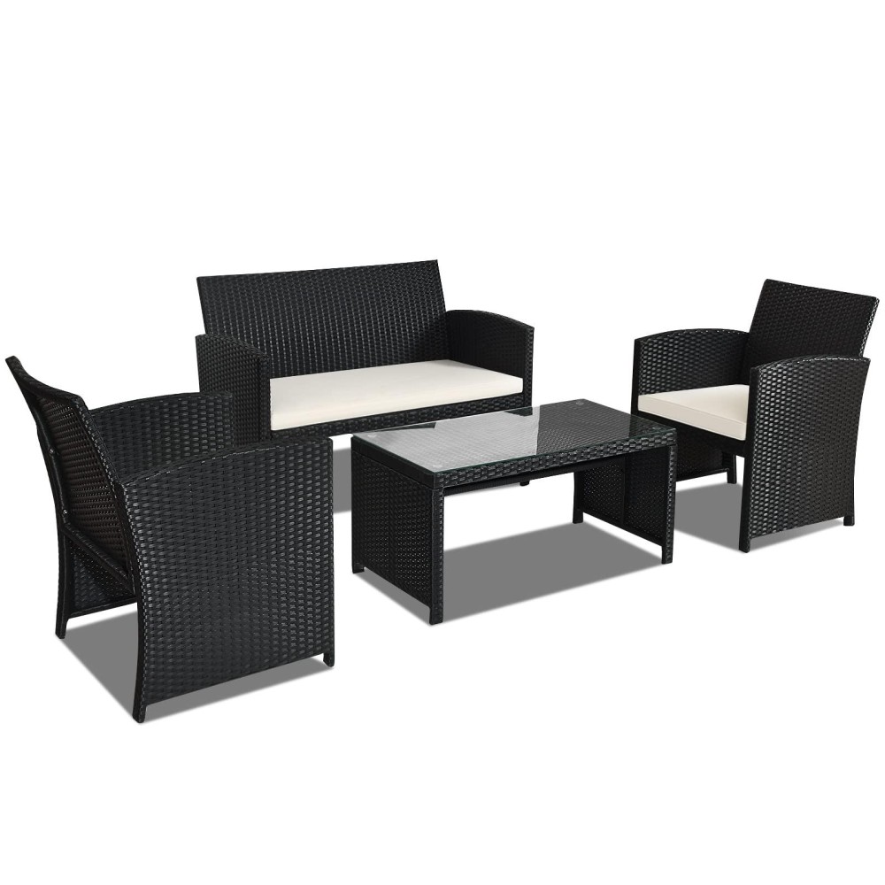 Goplus 4-Piece Rattan Patio Furniture Set, Outdoor Wicker Conversation Sofa With Weather Resistant Cushions And Tempered Glass Tabletop For Lawn Backyard Pool Garden (White(Black Wicker))