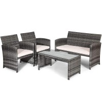 Goplus Rattan Patio Furniture Set 4 Pieces, Outdoor Wicker Conversation Sofa And Table Set With Soft Cushions & Tempered Glass Coffee Table For Balcony Garden Backyard (Beige(Mixed Color Wicker))