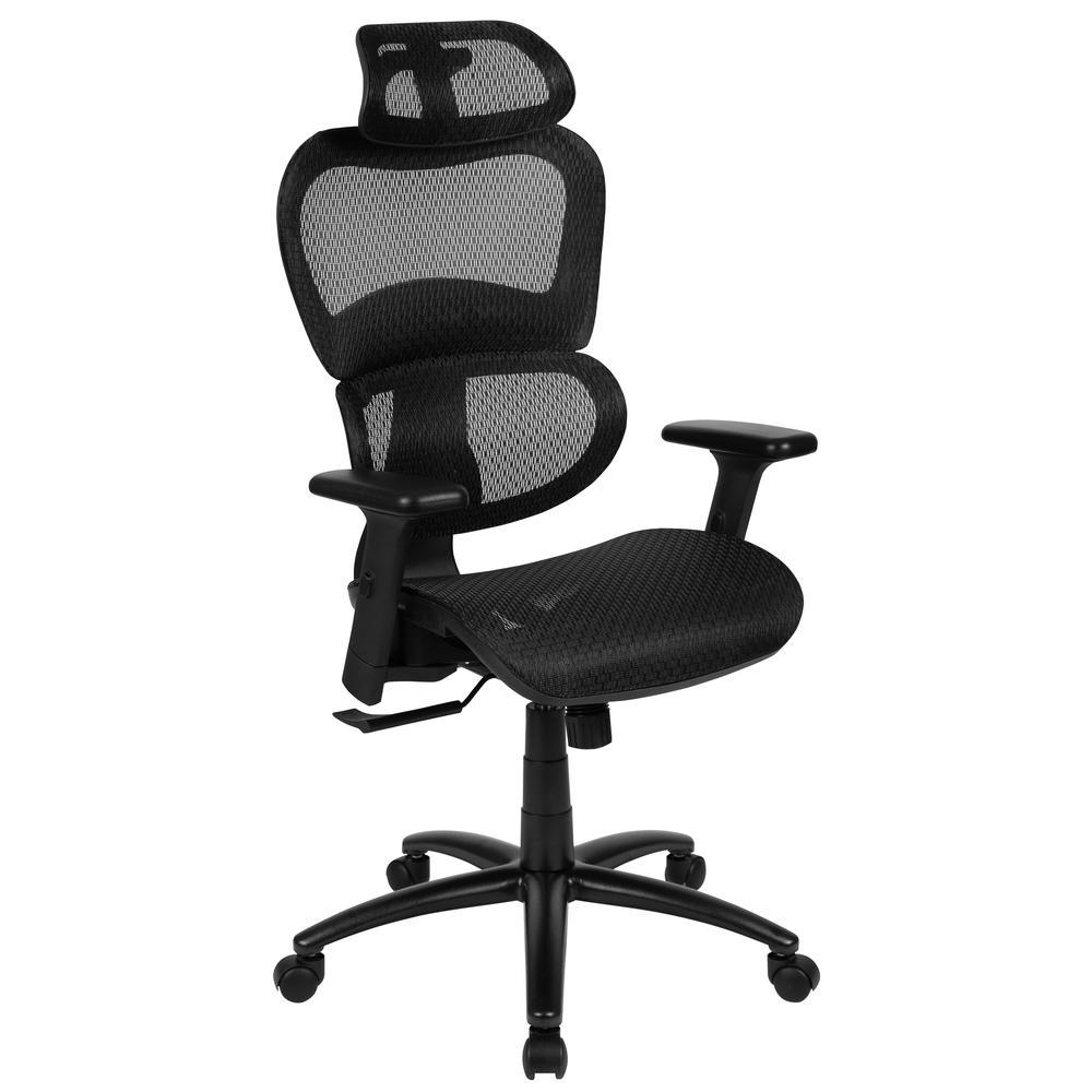 Ergonomic Mesh Office Chair With 2-To-1 Synchro-Tilt, Adjustable Headrest, Lumbar Support, And Adjustable Pivot Arms In Black