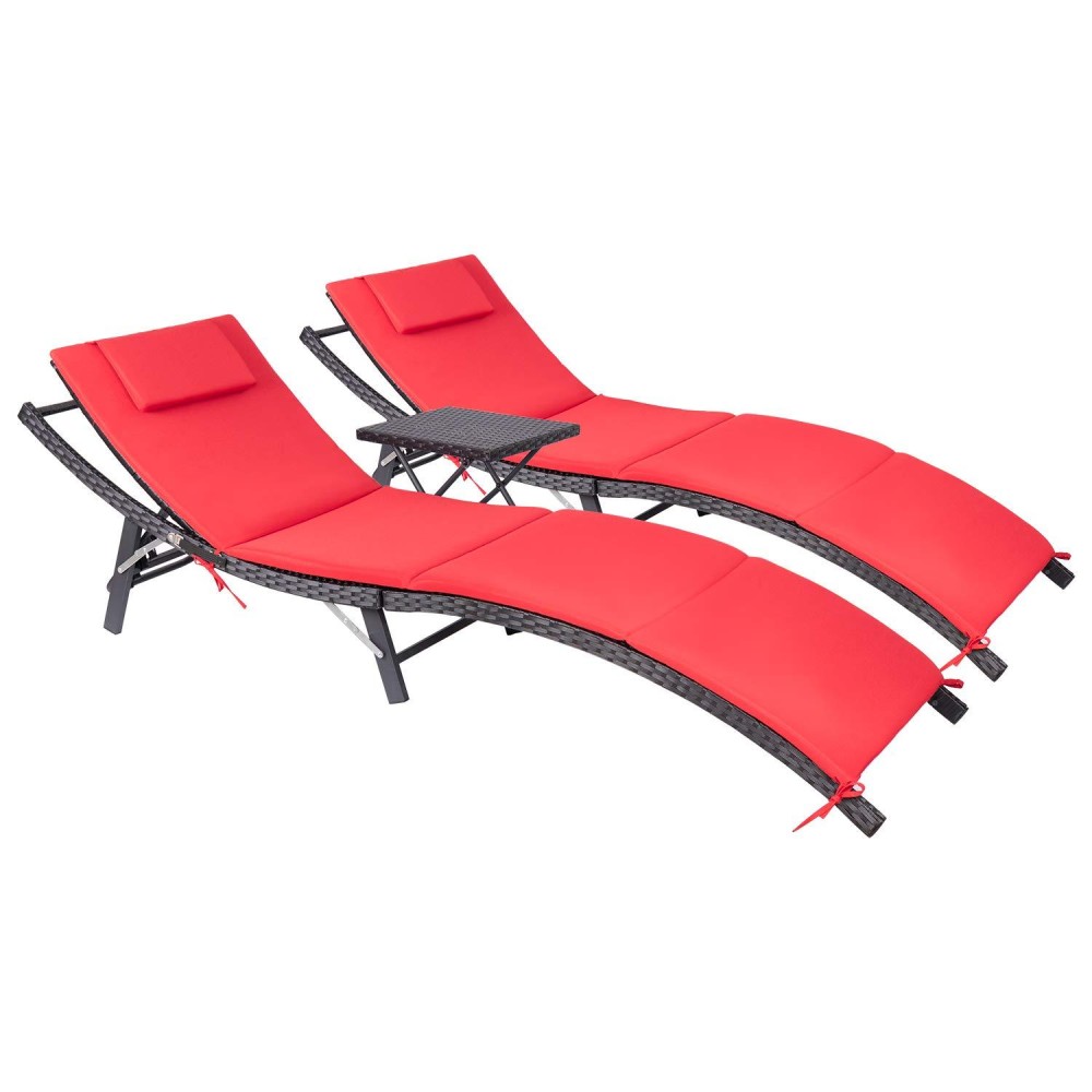 Devoko Patio Chaise Lounge Sets Outdoor Rattan Adjustable Back 3 Pieces Cushioned Patio Folding Chaise Lounge With Folding Table (Red)