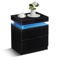 Tukailai Modern Nightstand With Led Light, 2 Drawers High Gloss Chest Of Drawers Bedside Table Cabinet For Bedroom Living Room (Black)