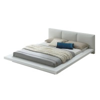 Platform Style Eastern King Size Bed with Leatherette Headboard, White