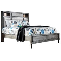 Wooden Eastern King Bed with Padded Fabric Headboard and LED Lights, Gray