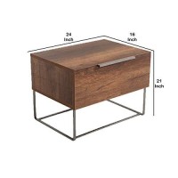 Benjara 1 Drawer Wooden Nightstand With Rectangular Steel Frame Support, Brown