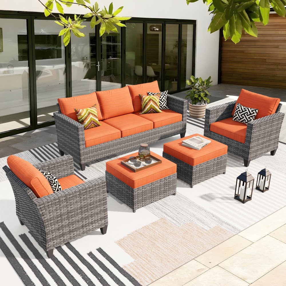 Ovios Patio Furniture Set 5 Pieces Outdoor Wicker Rattan Sofa Couch With Chairs Ottomans And Comfy Cushions All Weather High