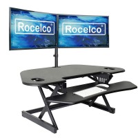 Rocelco 46 Height Adjustable Corner Standing Desk Converter with Dual Monitor Arm BUNDLE Quick Sit Stand Up Computer Workstat