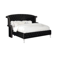 Wooden California King Bed with Wing Back Design and Button Tufting, Black