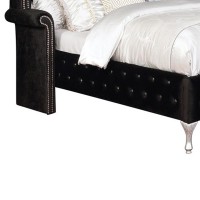 Wooden California King Bed with Wing Back Design and Button Tufting, Black