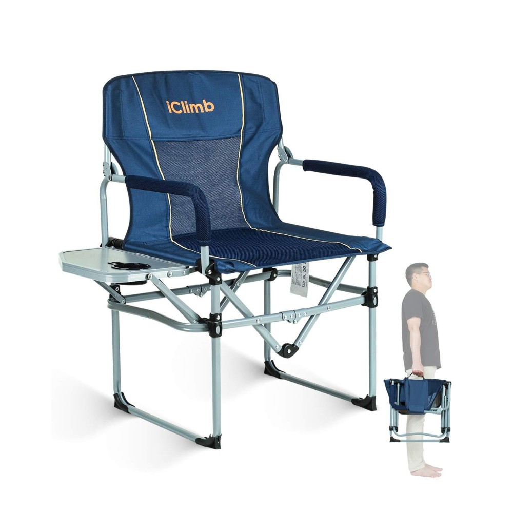 Iclimb Heavy Duty Compact Camping Folding Mesh Chair With Side Table And Handle (Navy)