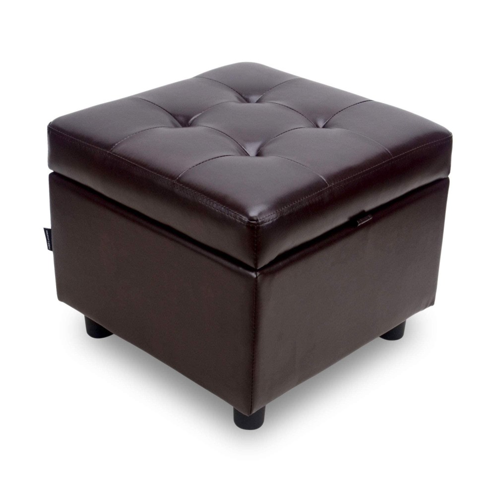H&B Luxuries Tufted Leather Square Flip Top Storage Ottoman Cube Foot Rest (Brown With Storage)