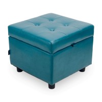 H&B Luxuries Tufted Leather Square Flip Top Storage Ottoman Cube Foot Rest (Blue With Storage)
