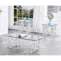 3 Piece Clear Glass Coffee Table with Silver stainless Steel legs and Two Matching End Tables