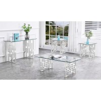 4 Piece Clear Glass Coffee Table with Silver Stainless Steel legs Two End tables and One Console Table