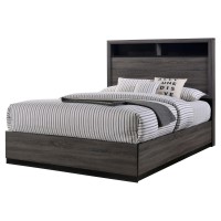 Wooden Eastern King Bed with Bookcase Headboard and Grain Details, Gray