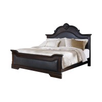 Leatherette Padded Eastern King Bed with Crown Top and Molded Details,Brown