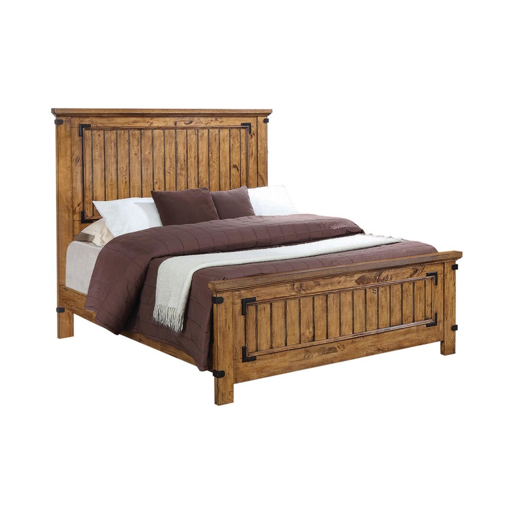 Cottage Style Eastern King Bed with Plank Detailing and Metal Accents, Brown