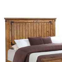 Cottage Style Eastern King Bed with Plank Detailing and Metal Accents, Brown