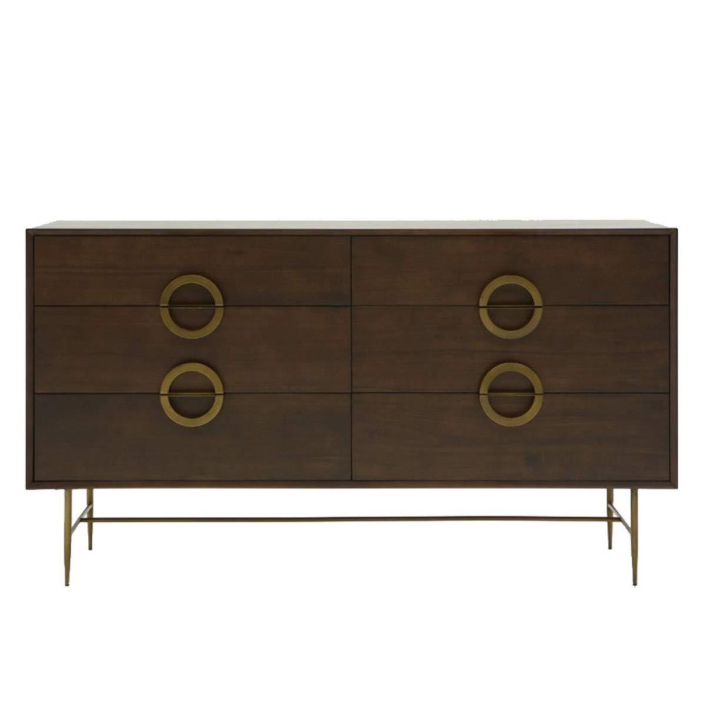 Benjara 6 Drawer Dresser With Semi Circle Brass Pulls And Floor Protectors, Brown