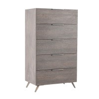 Benjara 5 Drawer Chest With Metal Handles And Wood Grain Details, Gray