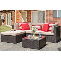 Vongrasig 5 Piece Patio Furniture Sets Allweather Brown Pe Wicker Outdoor Couch Sectional Set Small Conversation Set For Gard