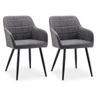 Clipop Dining Chairs Set Of 2, Faux Leather Accent Chair With Upholstered Padded, Armrest, Mid Back, Metal Leg, Adjustable Feet | Leisure Armchairs For Living Room Office Cafe, Grey