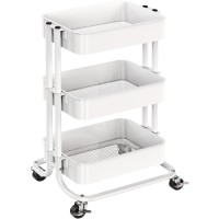 Pipishell 3 Tier Metal Rolling Utility Cart, Heavy-Duty Storage Rolling Cart With 2 Lockable Wheels, Multifunctional Mesh Organization Utility Cart For Kitchen Dining Room Living Room (White)
