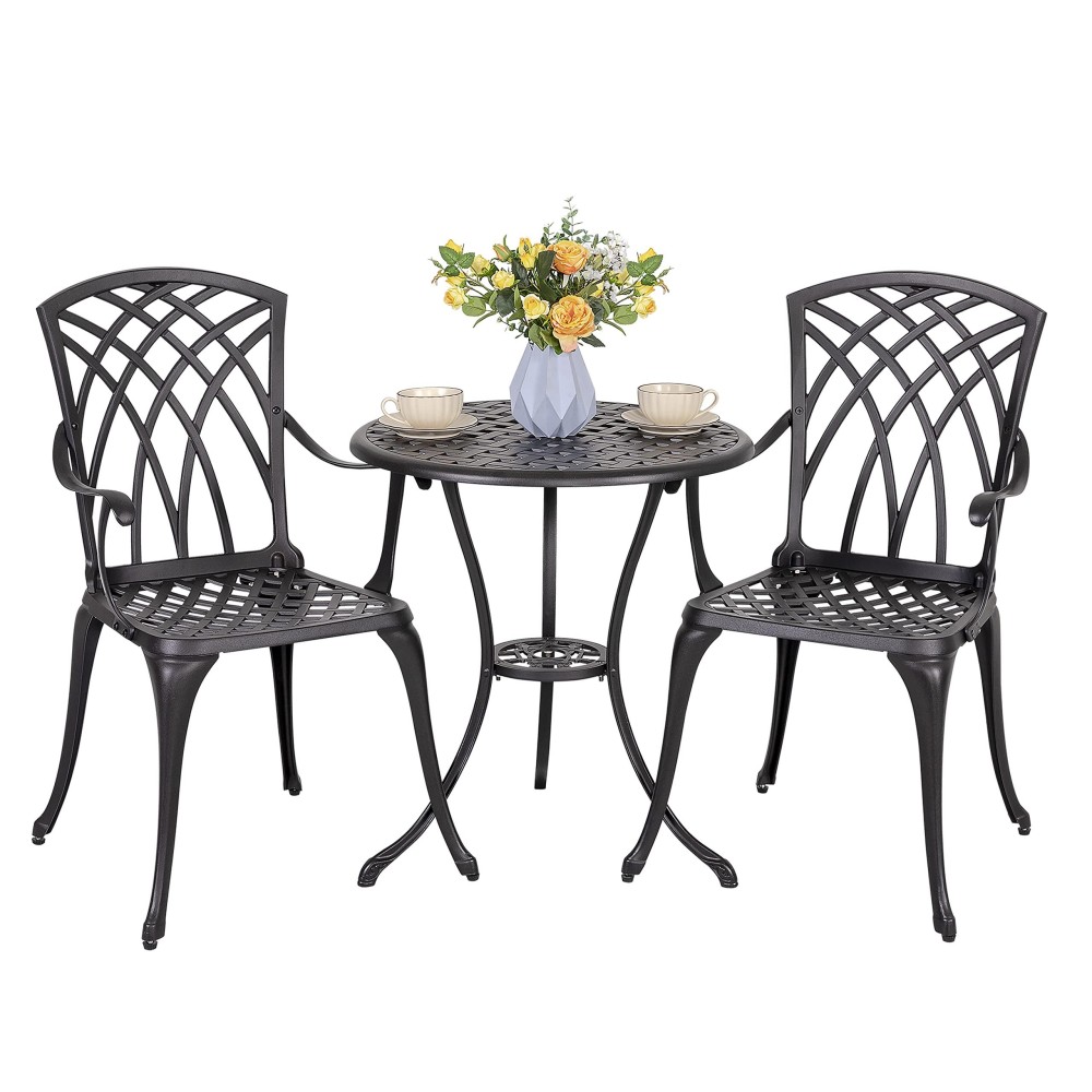 Nuu Garden Patio Bistro Sets 3 Piece Cast Aluminum Bistro Table And Chairs Set With Umbrella Hole Bistro Set Of 2 For Patio Backyard, Black With Golden Powder