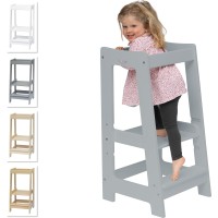 Stepup Baby Montessori Toddler Tower Kitchen Wooden Helper Step Stool, Adjustable Toddler Steps With Safety Rail - Grey