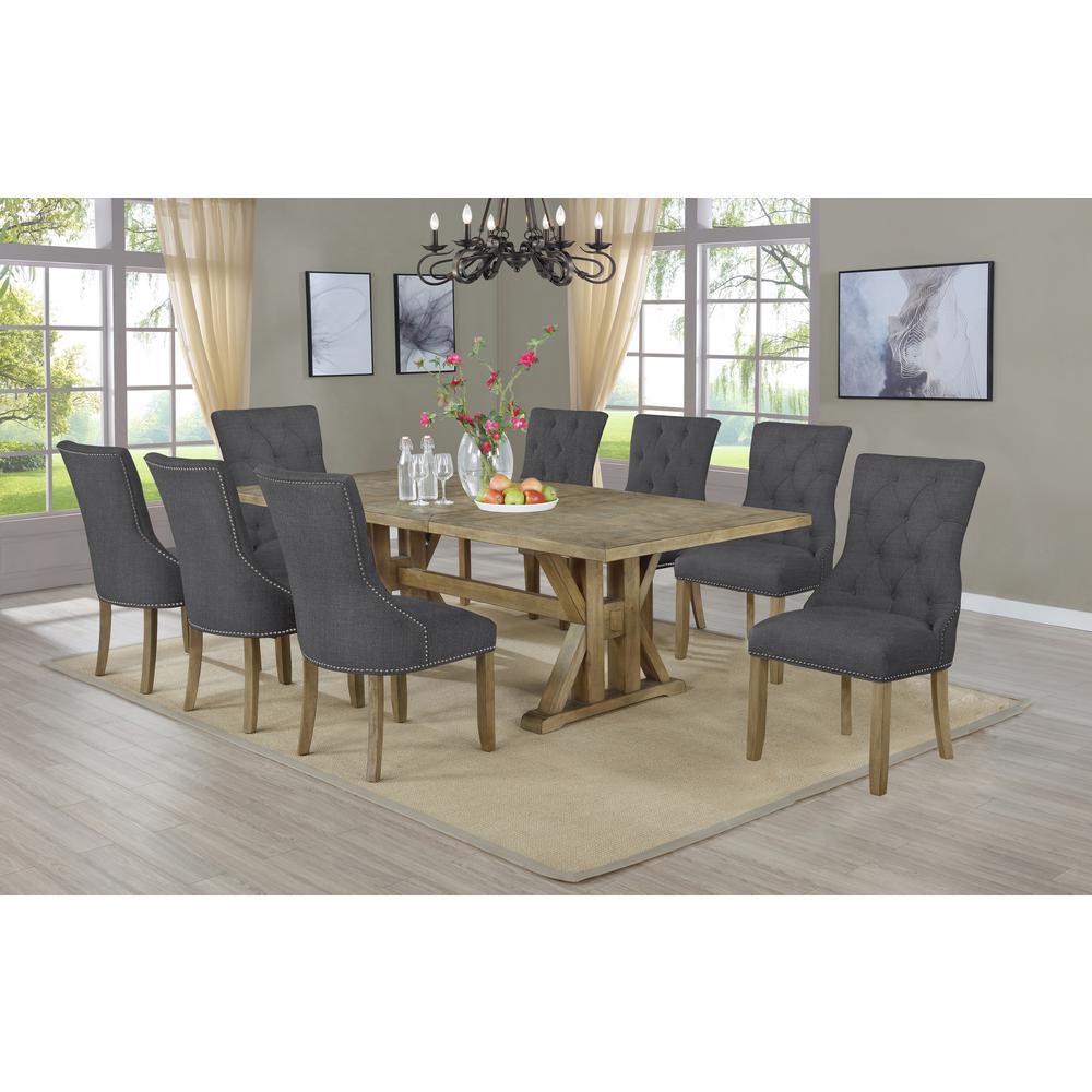 Classic 9pc Dining Set with Extendable Dining Table wCenter 24 Leaf and Uph Side Chairs Tufted Nailhead Trim Dark Grey