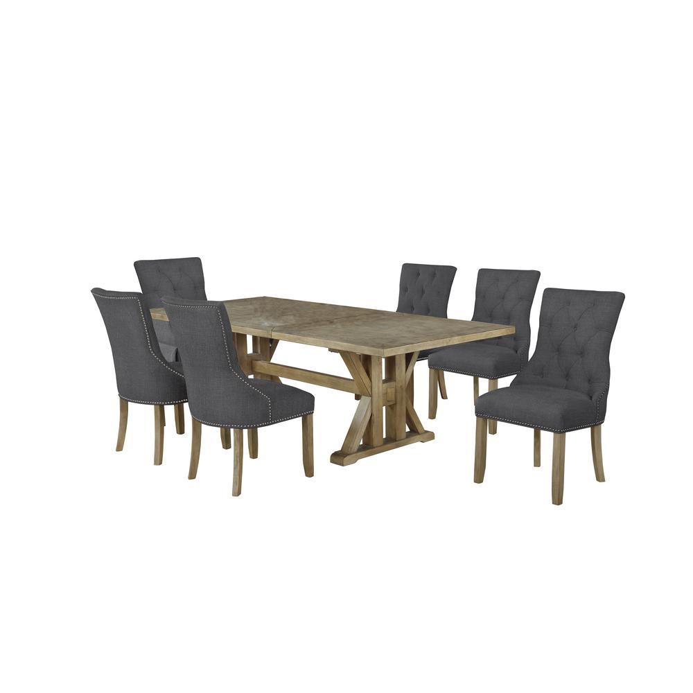 Classic 7pc Dining Set with Extendable Dining Table wCenter 24 Leaf and Uph Side Chairs Tufted Nailhead Trim Dark Grey