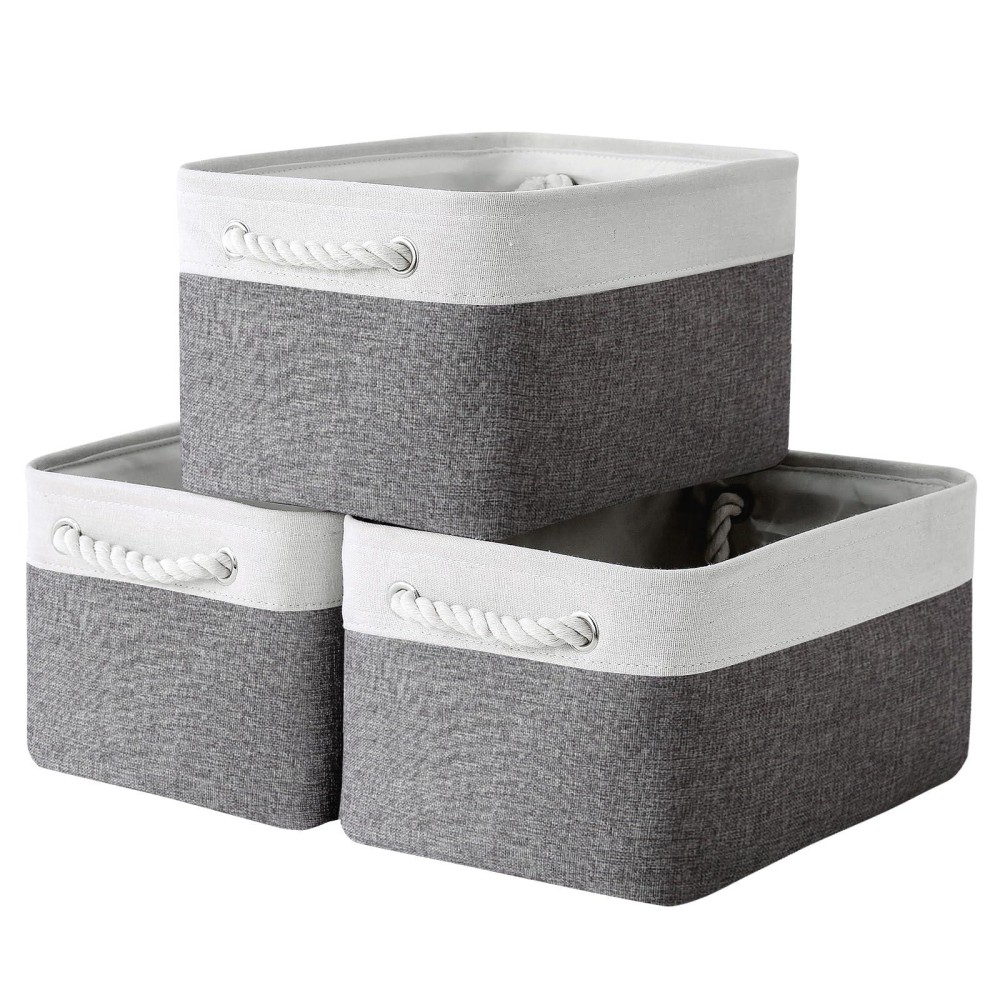 Sacyic Large Storage Baskets For Shelves, Fabric Baskets For Organizing, Collapsible Storage Bins For Closet, Nursery, Clothes, Toys, Home & Office [3-Pack, White&Grey]