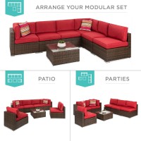 Best Choice Products 7-Piece Modular Outdoor Sectional Wicker Patio Furniture Conversation Set W/ 6 Chairs, 2 Pillows, Seat Clips, Coffee Table, Cover Included - Brown/Red