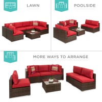 Best Choice Products 7-Piece Modular Outdoor Sectional Wicker Patio Furniture Conversation Set W/ 6 Chairs, 2 Pillows, Seat Clips, Coffee Table, Cover Included - Brown/Red