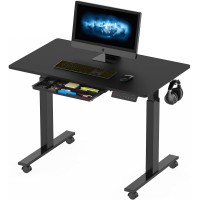 Shw Small Electric Height Adjustable Mobile Sit Stand Desk With Drawer, Hanging Hooks And Cable Management, 40 X 24 Inches, Black