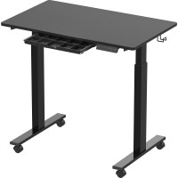 Shw Small Electric Height Adjustable Mobile Sit Stand Desk With Drawer, Hanging Hooks And Cable Management, 40 X 24 Inches, Black